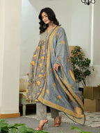 Yufta Grey Floral Print ALine Kurta Trouser Dupatta Set