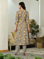Yufta Grey Floral Print ALine Kurta Trouser Dupatta Set