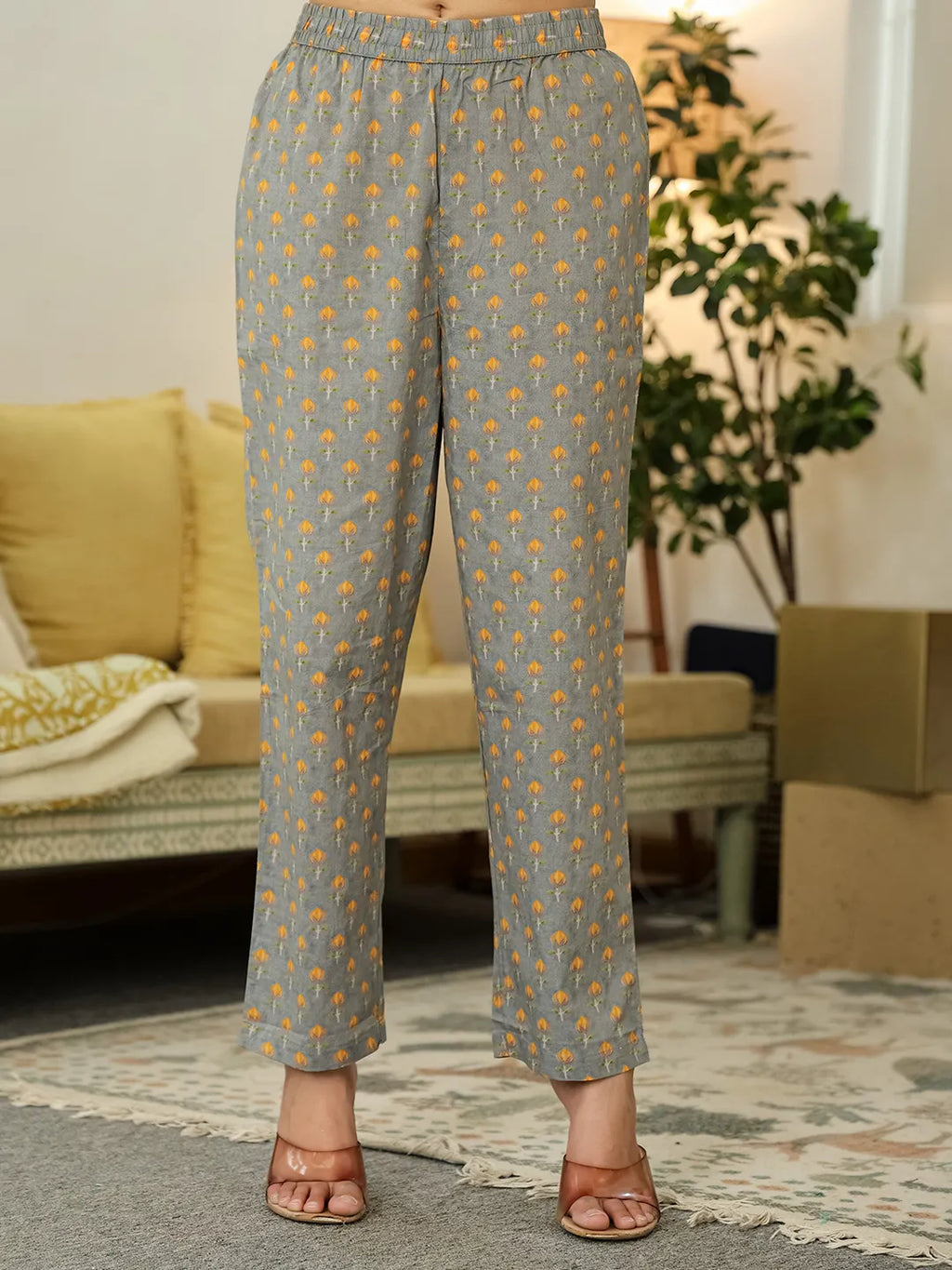 Yufta Grey Floral Print ALine Kurta Trouser Dupatta Set