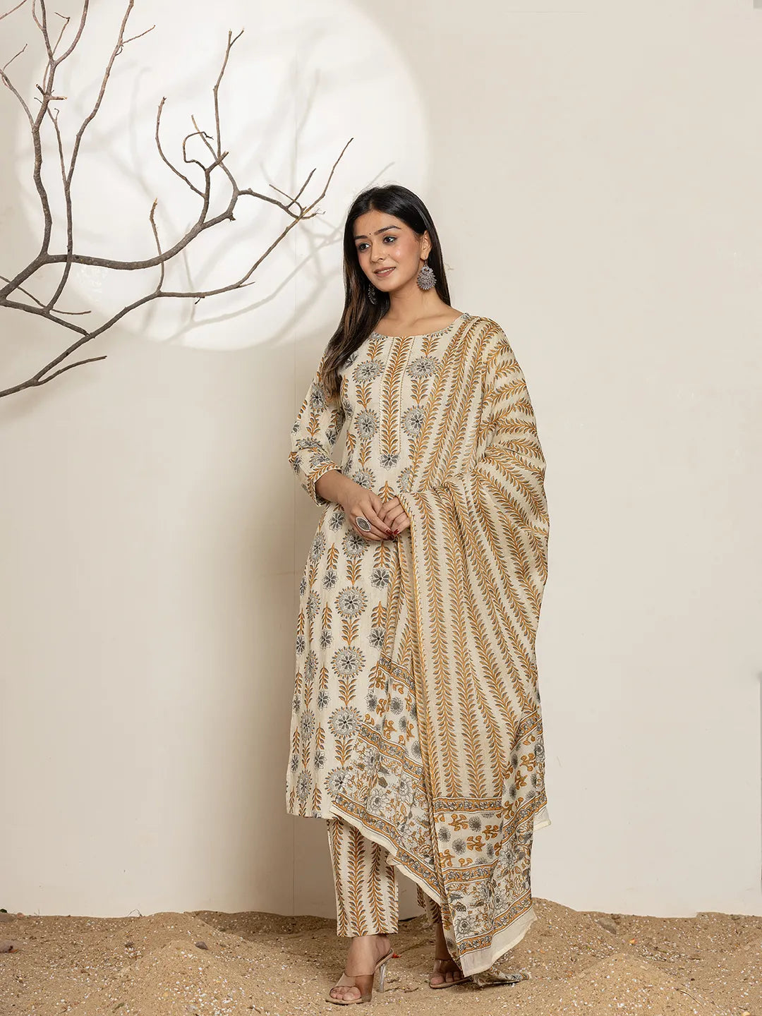 Yufta Grey Floral Print Cotton Straight Kurta Dupatta Set