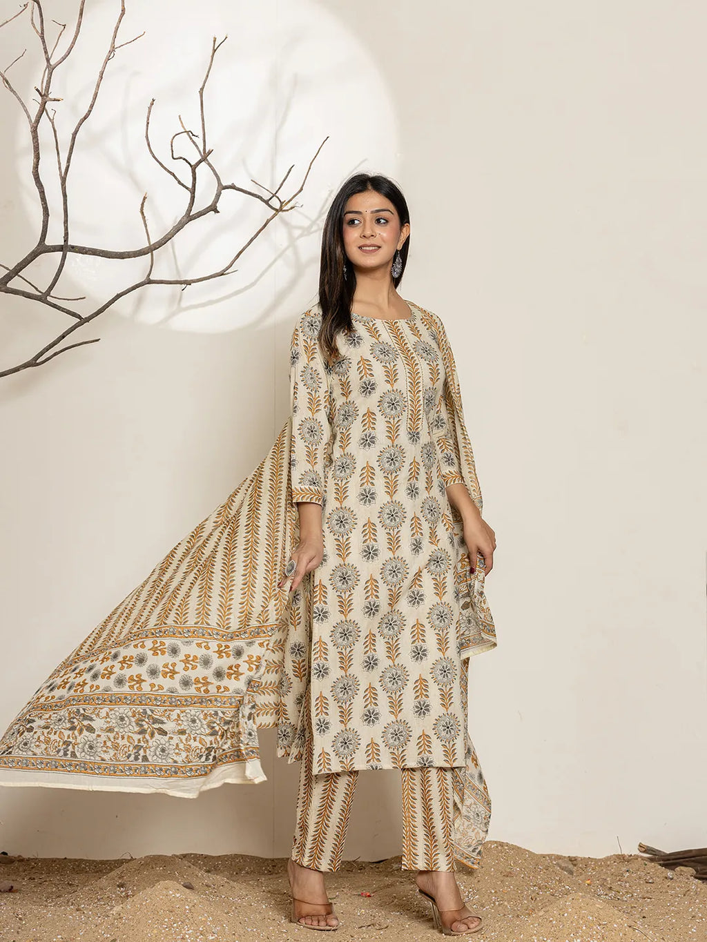 Yufta Grey Floral Print Cotton Straight Kurta Dupatta Set