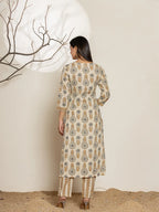 Yufta Grey Floral Print Cotton Straight Kurta Dupatta Set