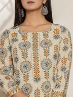 Yufta Grey Floral Print Cotton Straight Kurta Dupatta Set