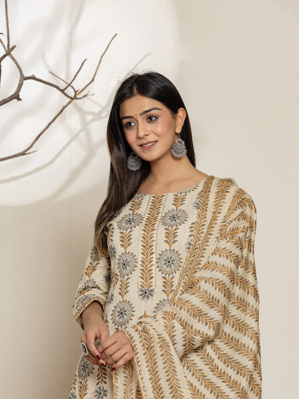 Yufta Grey Floral Print Cotton Straight Kurta Dupatta Set
