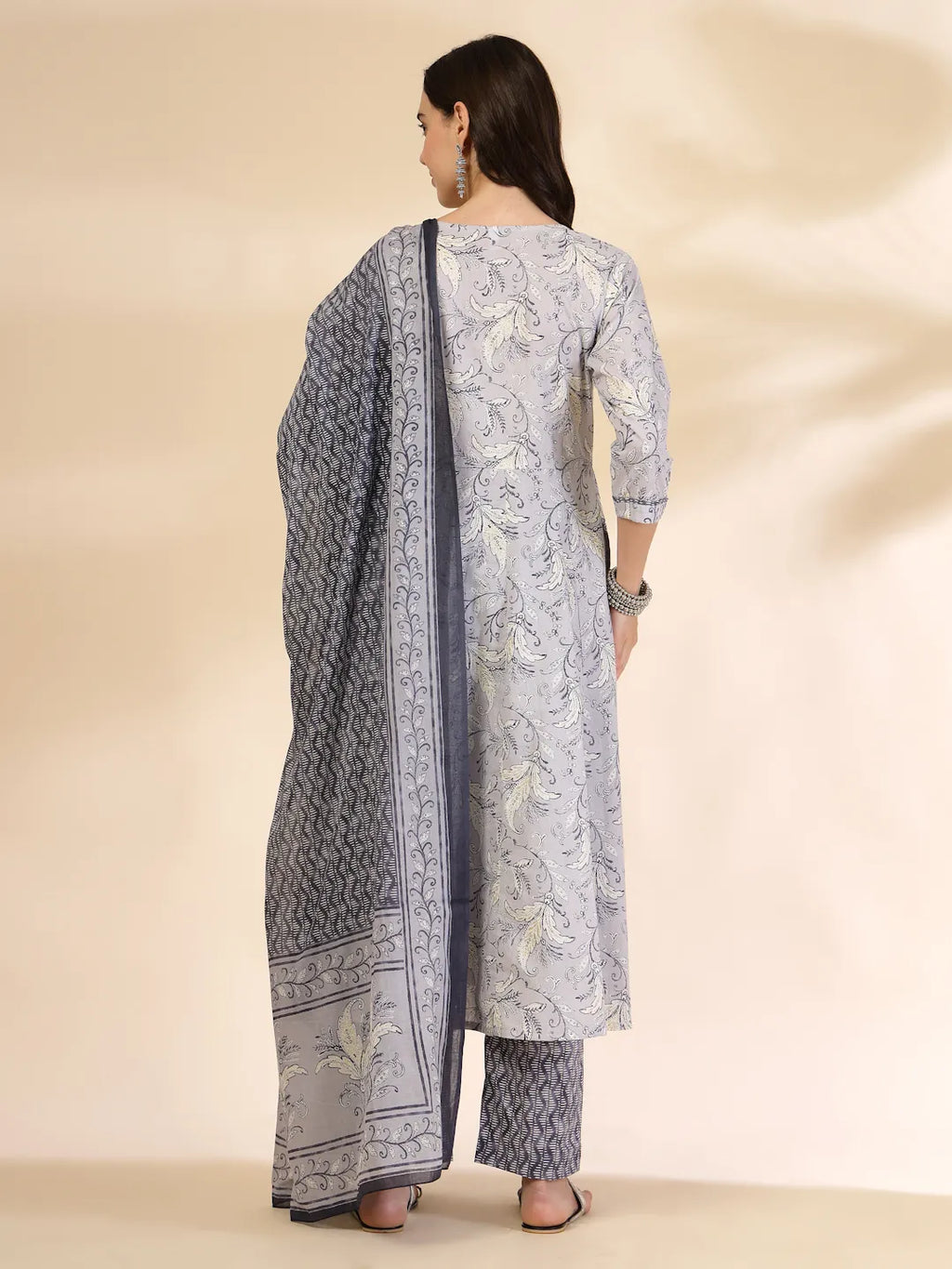 Yufta Grey Pure Cotton Anarkali Dupatta Pant Set - Distacart