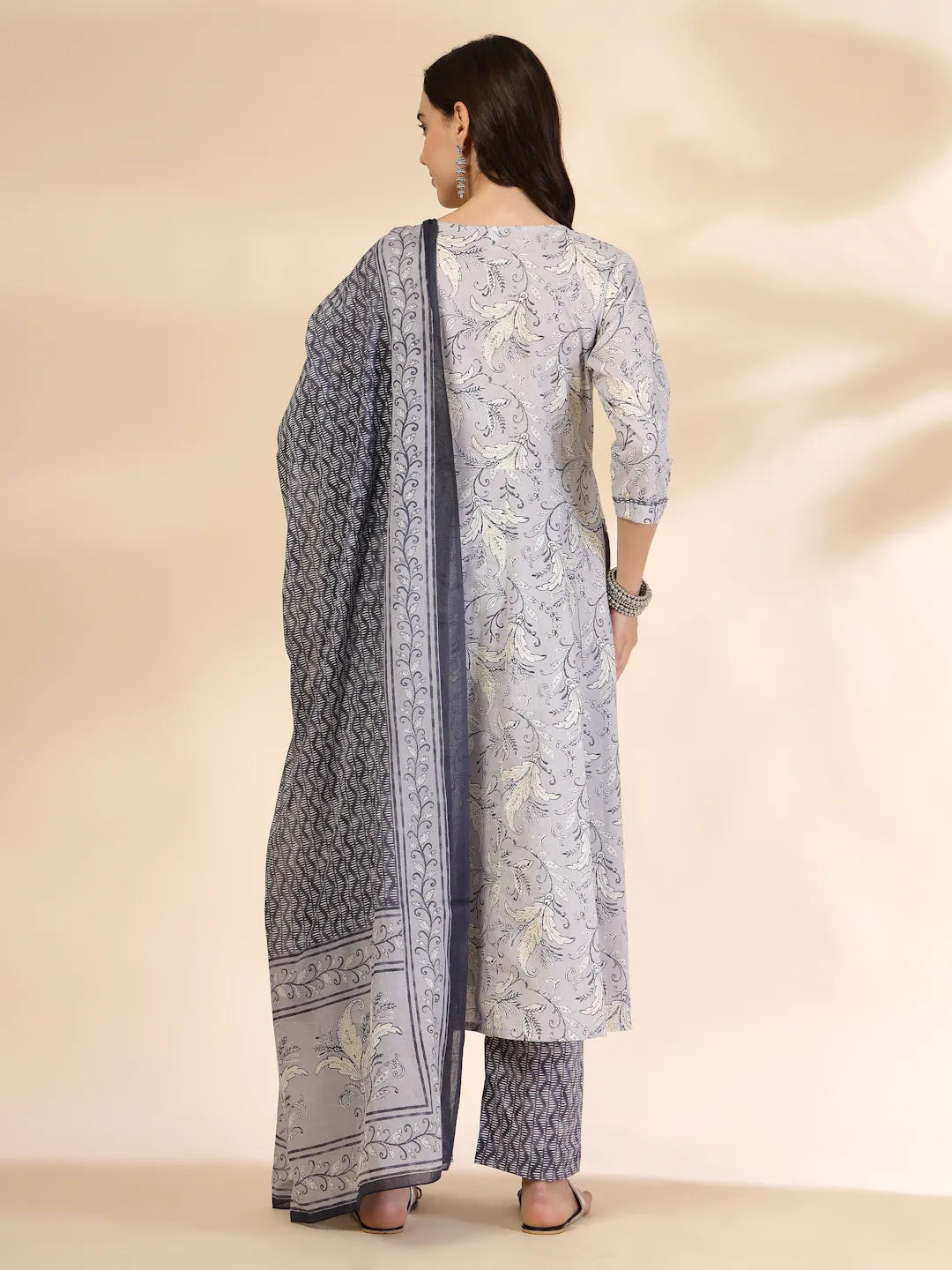 Yufta Grey Pure Cotton Anarkali Dupatta Pant Set - Distacart