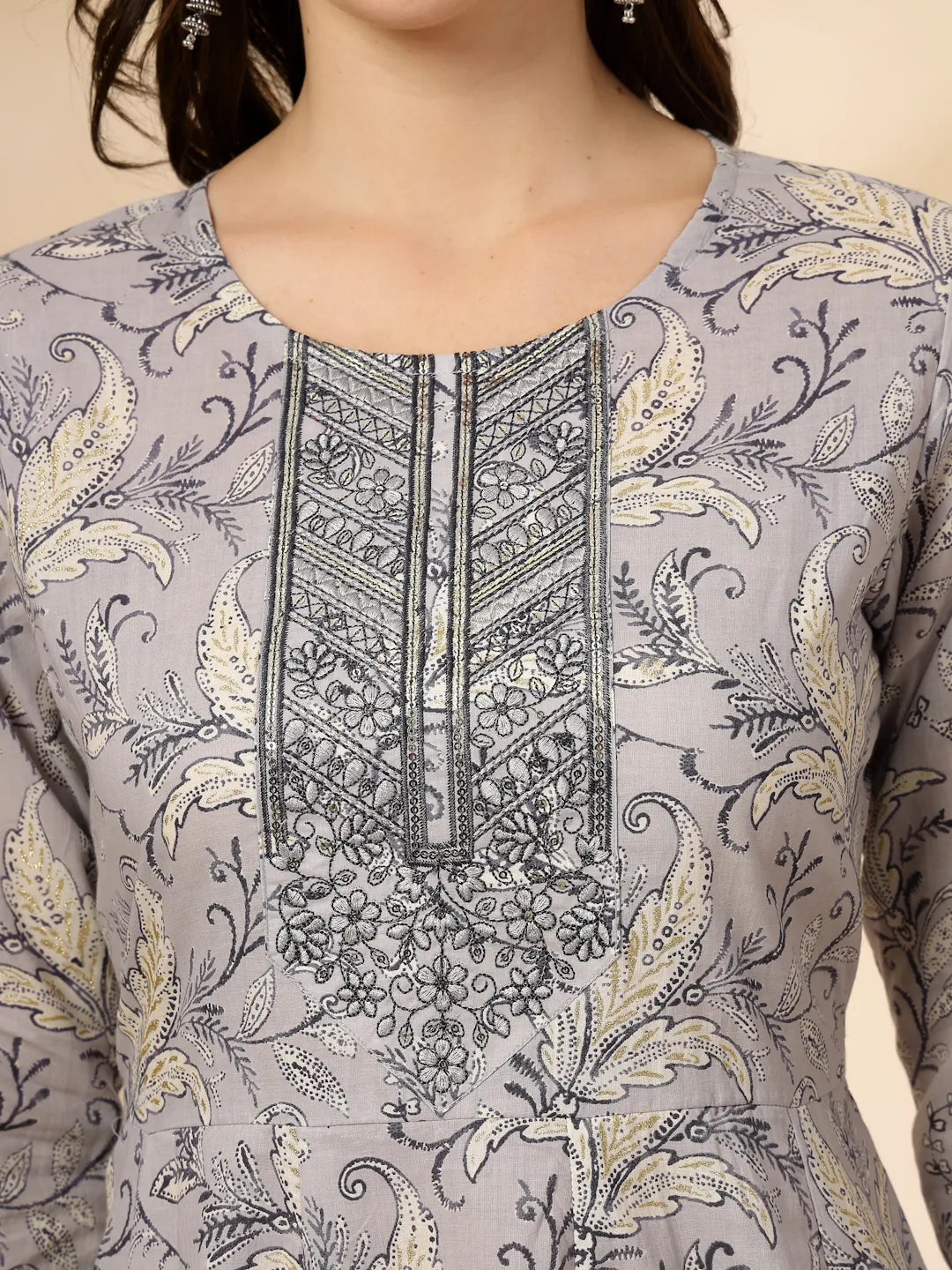 Yufta Grey Pure Cotton Anarkali Dupatta Pant Set - Distacart