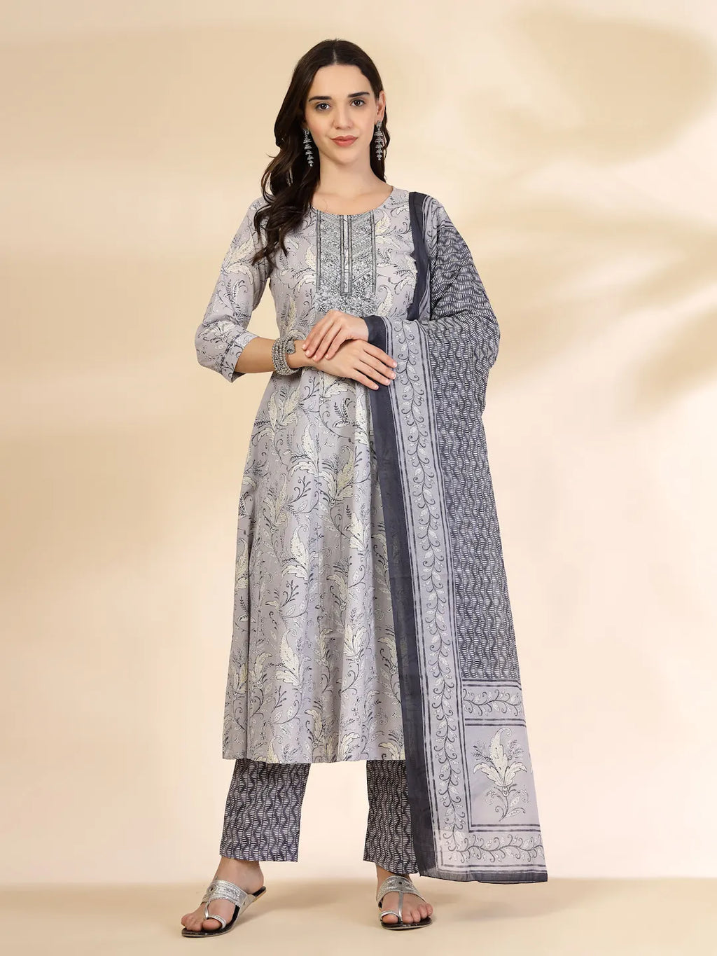 Yufta Grey Pure Cotton Anarkali Dupatta Pant Set - Distacart