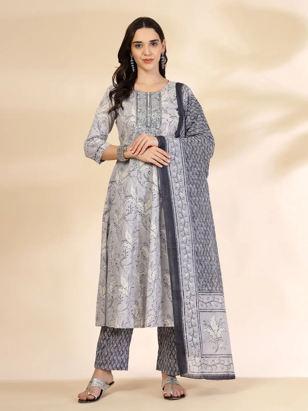 Yufta Grey Pure Cotton Anarkali Dupatta Pant Set - Distacart