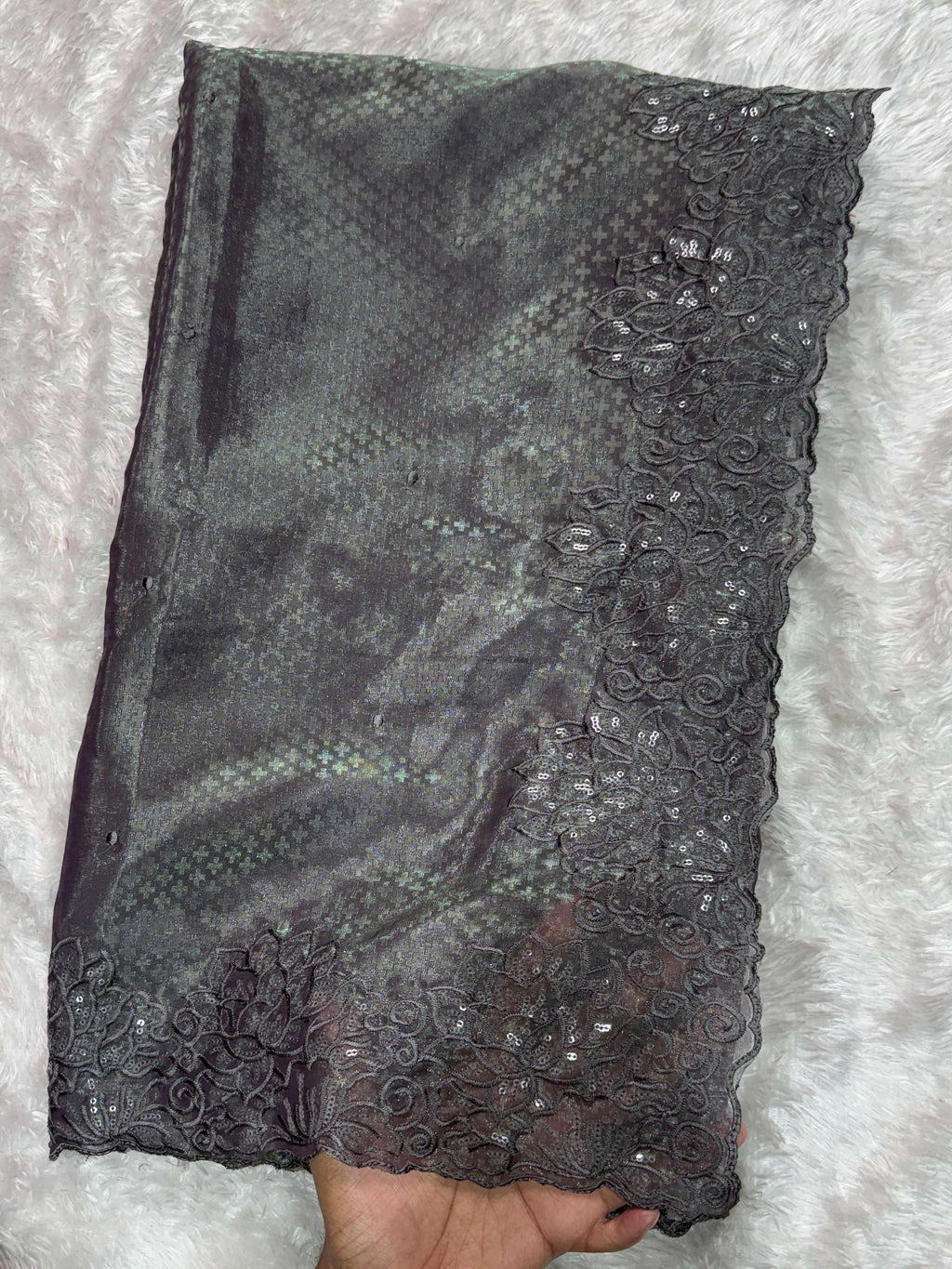Evanik Grey Glass Satin Jecquard Weaving With Thread Sequence Work Saree With Blouse - Distacart