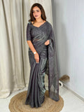 Evanik Grey Glass Satin Jecquard Weaving With Thread Sequence Work Saree With Blouse - Distacart