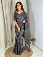 Evanik Grey Glass Satin Jecquard Weaving With Thread Sequence Work Saree With Blouse - Distacart