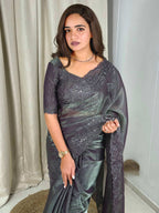 Evanik Grey Glass Satin Jecquard Weaving With Thread Sequence Work Saree With Blouse - Distacart