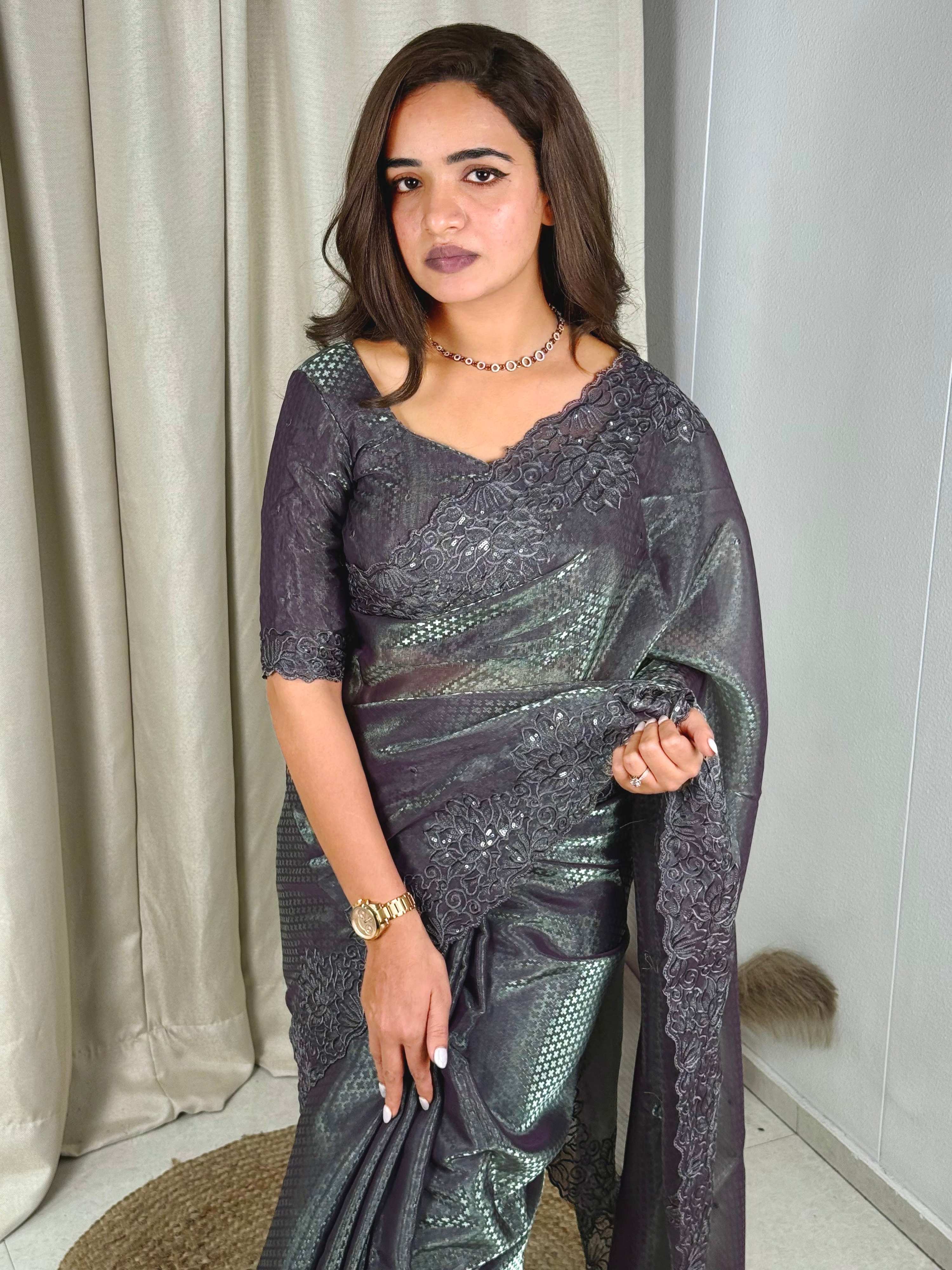 Evanik Grey Glass Satin Jecquard Weaving With Thread Sequence Work Saree With Blouse - Distacart