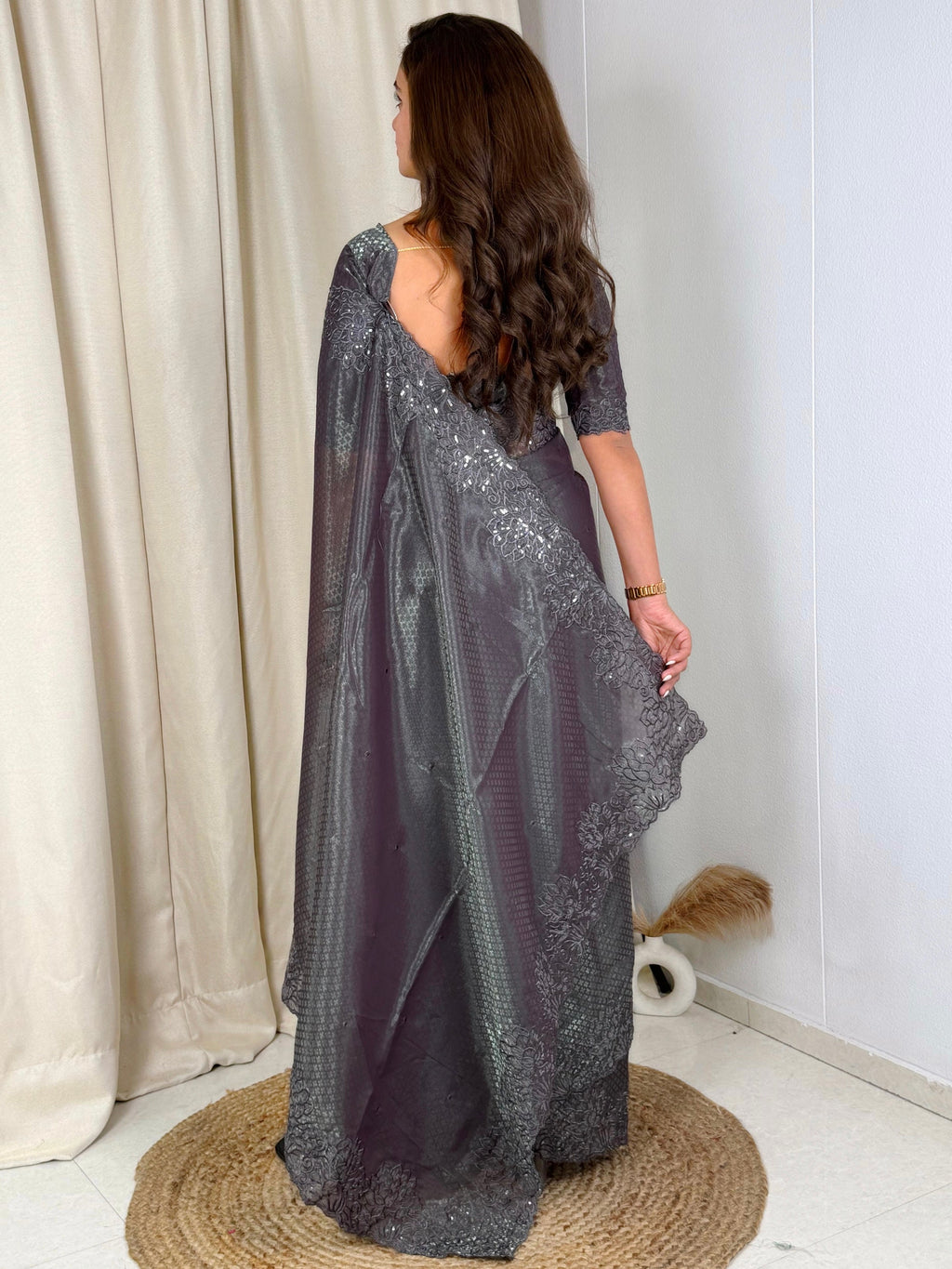 Evanik Grey Glass Satin Jecquard Weaving With Thread Sequence Work Saree With Blouse - Distacart