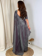 Evanik Grey Glass Satin Jecquard Weaving With Thread Sequence Work Saree With Blouse - Distacart