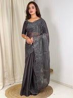 Evanik Grey Glass Satin Jecquard Weaving With Thread Sequence Work Saree With Blouse - Distacart