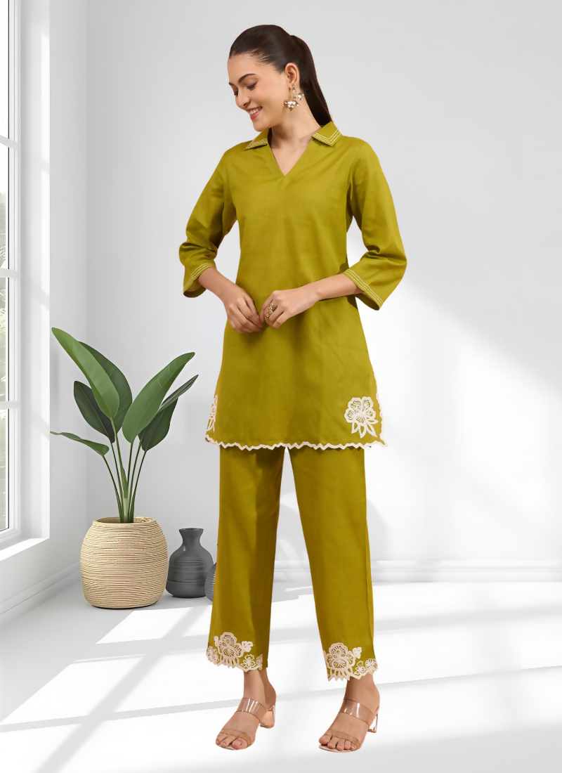 Joban Fashion Green Cotton, Linen Embroidered Readymade Cord Set - Distacart