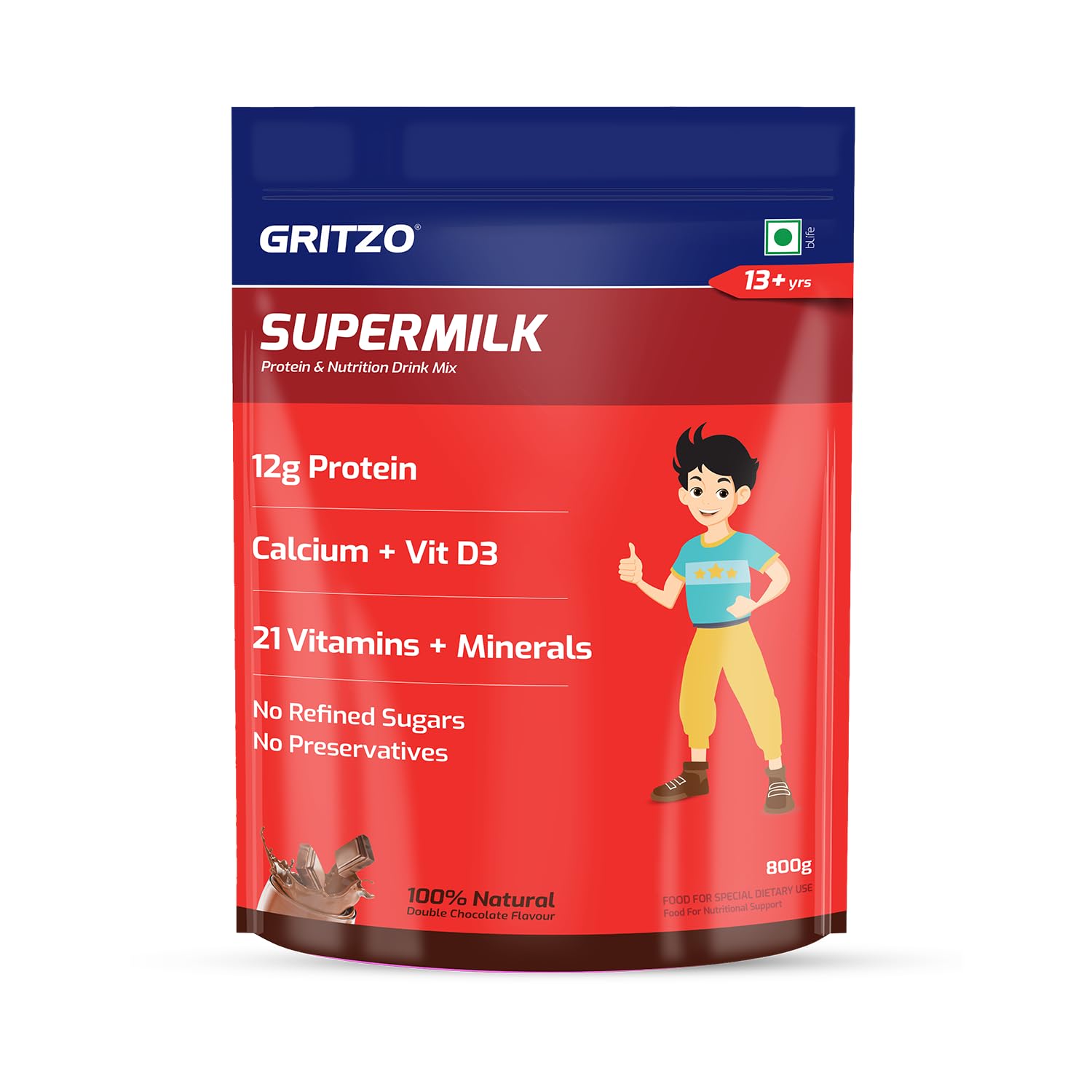 Gritzo Supermilk Overall Growth Powder 13+Y (Teen Athletes), Health Drink For Boys