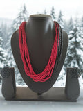 Inhanns Vibrant Handmade 20 Layers Beaded Necklace With Matching Earrings - Black & Red