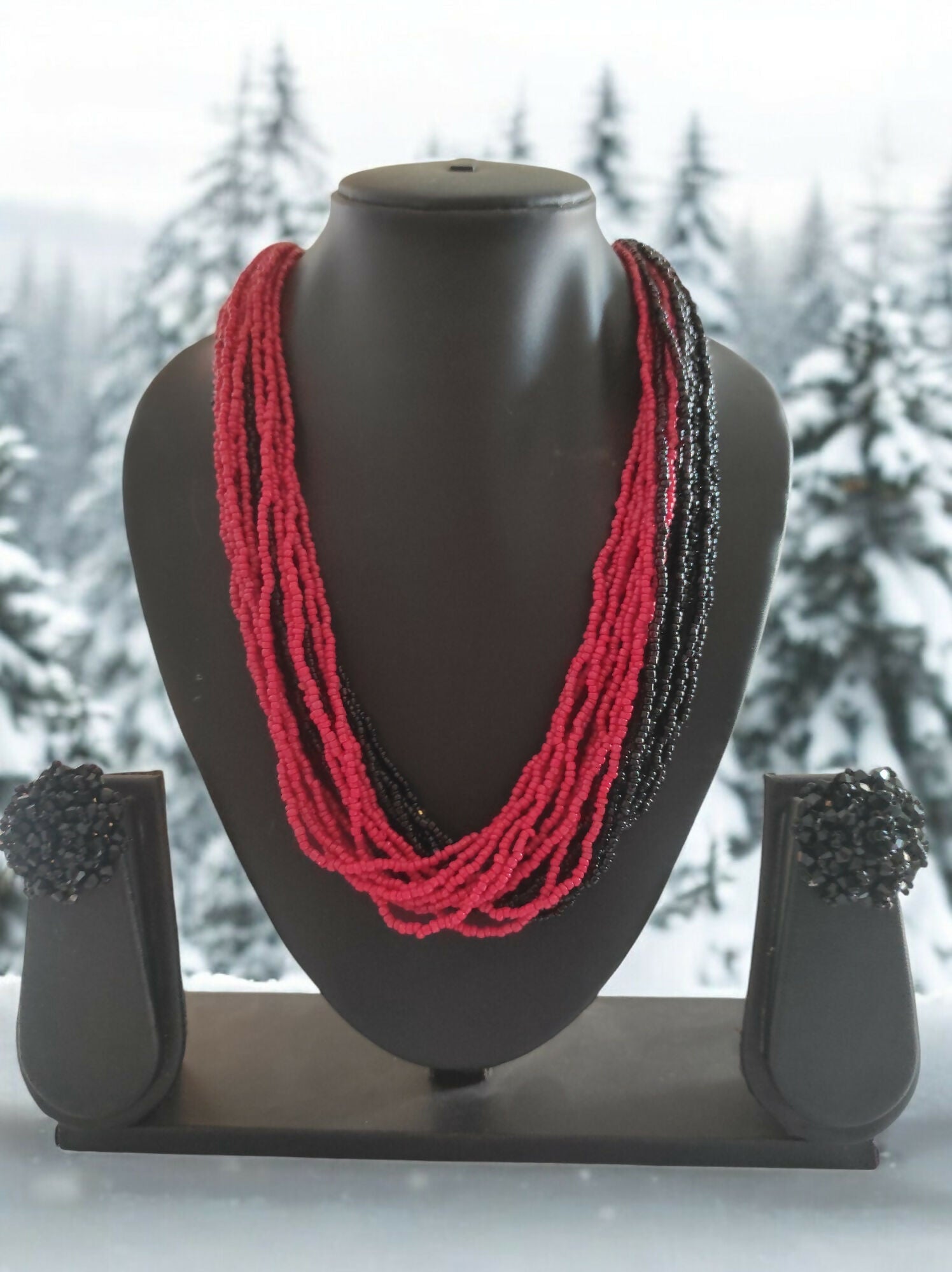 Inhanns Vibrant Handmade 20 Layers Beaded Necklace With Matching Earrings - Black & Red