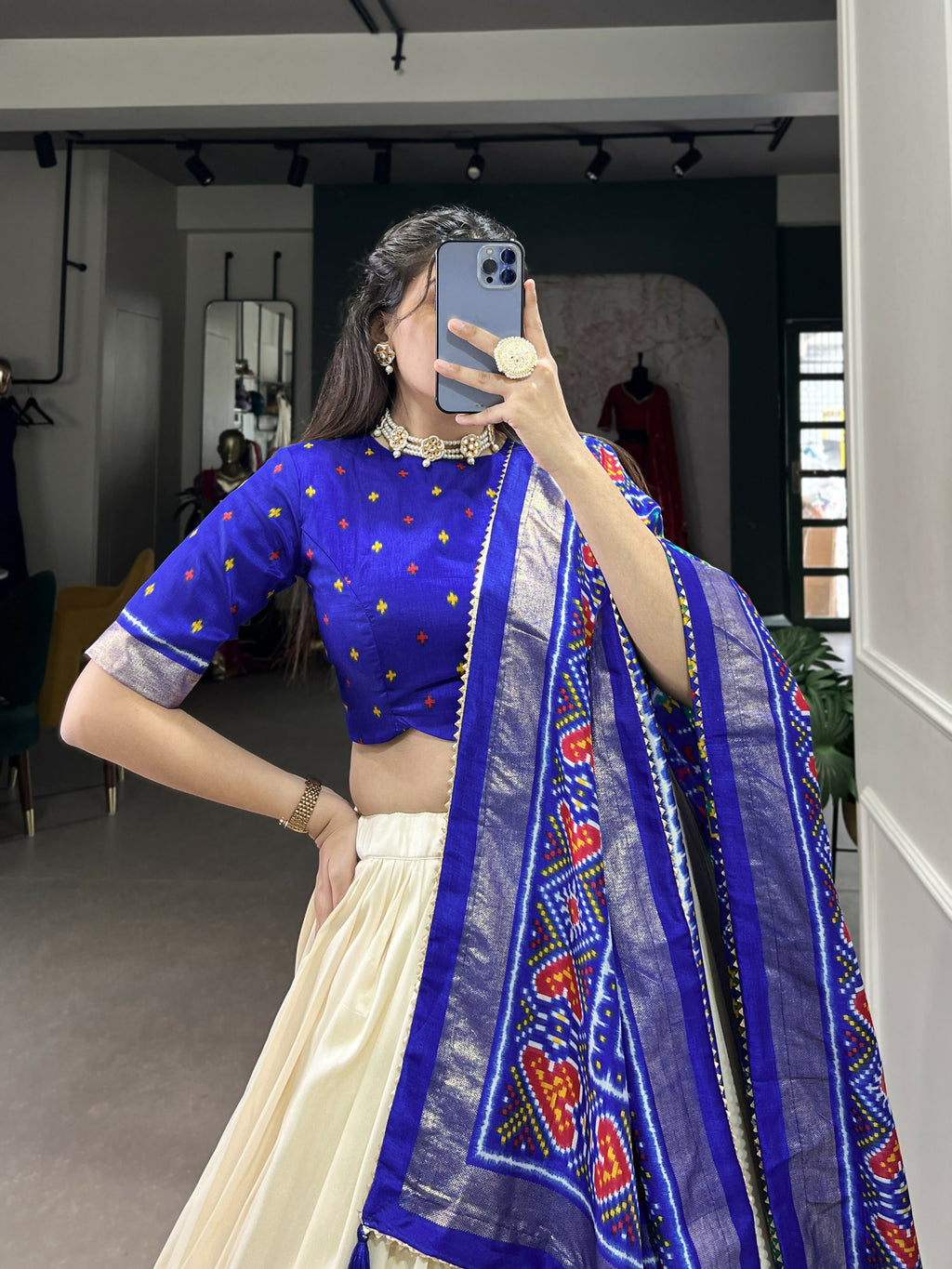 Lorenvalley Offwhite and Royalblue Tussar Silk Patola Print Lehenga Choli