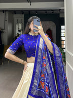 Lorenvalley Offwhite and Royalblue Tussar Silk Patola Print Lehenga Choli