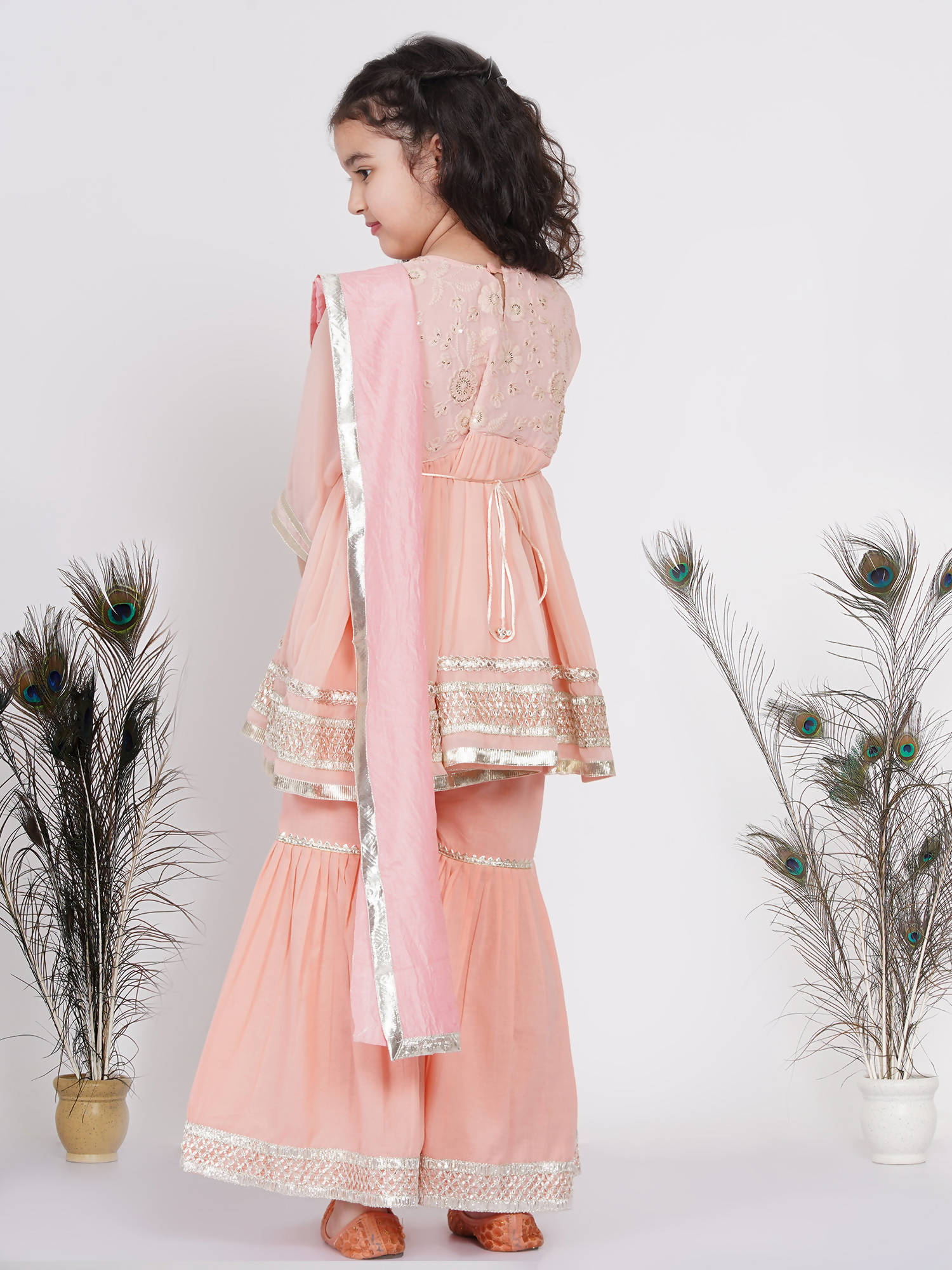 Little Bansi Girls Cotton Gotta Patti Kurta frock with Sharara & Dupatta - Peach