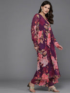 Ahalyaa Women Floral Printed Angrakha Kurta with Palazzos - Burgundy Color