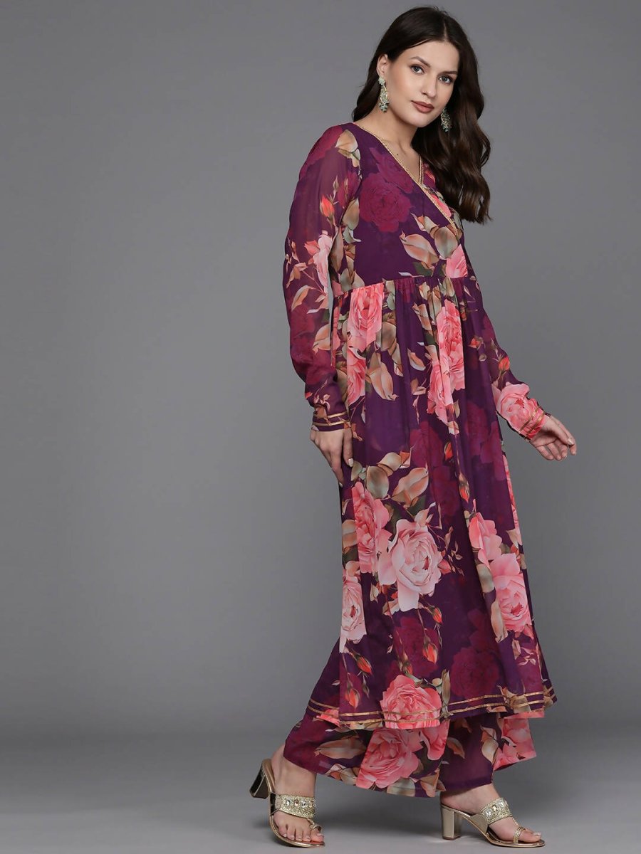 Ahalyaa Women Floral Printed Angrakha Kurta with Palazzos - Burgundy Color