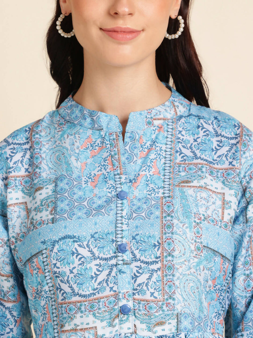 Light Blue Poly Rayon Digital Printed A-line Top - Tarini