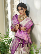 Shree Shyam Fashion Cream With Purple Silk Blend Saree - Distacart