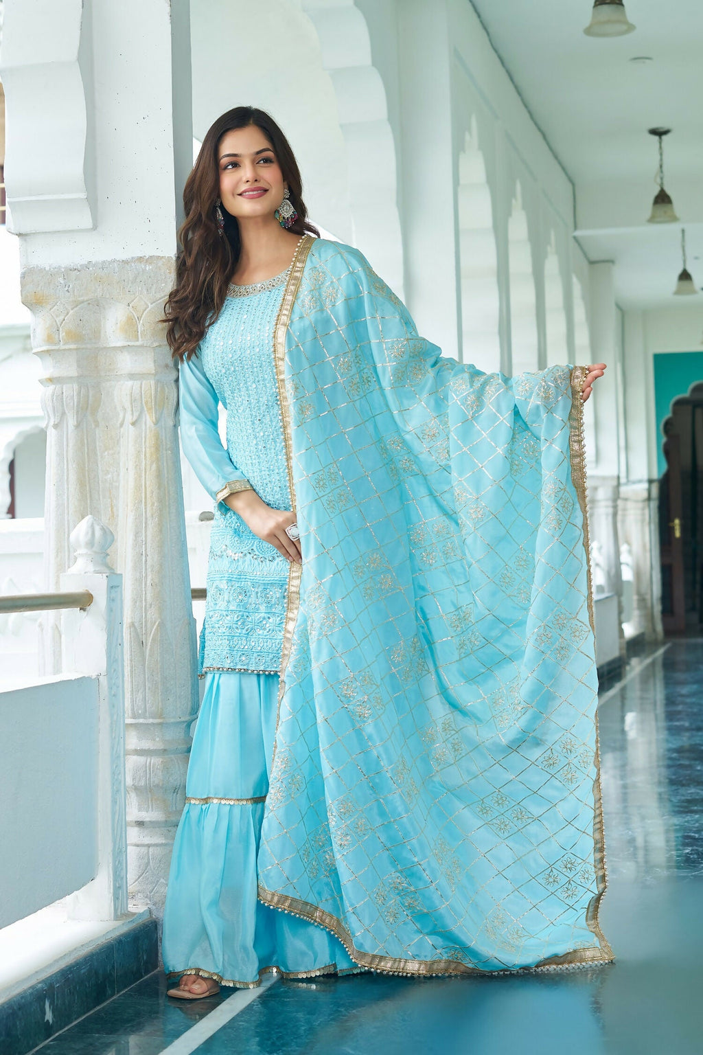 Joban Fashion Sky Blue Kurta Set Chinon Silk Embroidery Sequence Work - Distacart