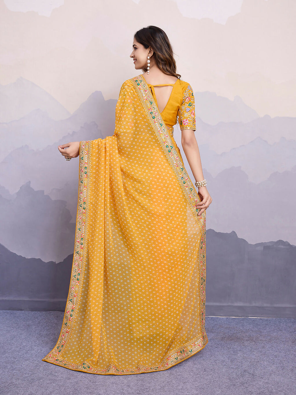 Yellow Georgette Bandhani Printed,Embroidery Work Saree - Surkhi
