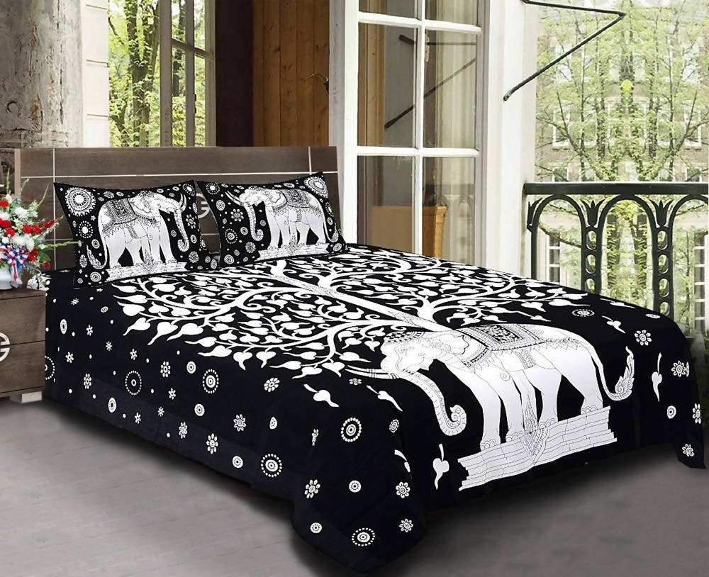 Vamika Printed Cotton Black Bedsheet With Pillow Covers (LEOC_SKHTY_BL)