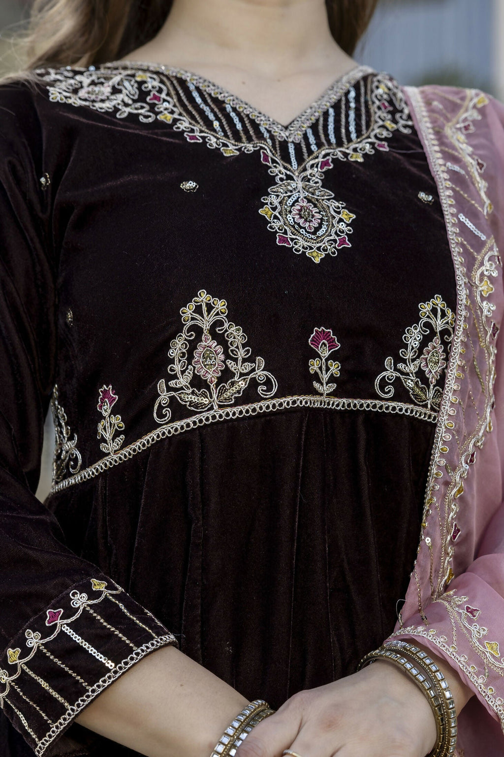 The52 Women's Beautiful Velvet Fabric Embroidery Work Flared Anarkali Pant and Dupatta Set - Distacart