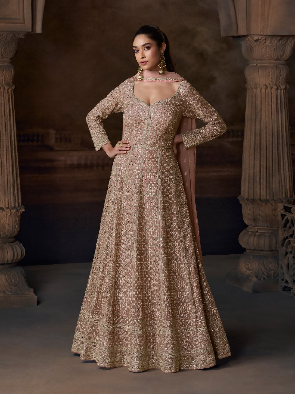 Anaita Beige Real Georgette Stitched Anarkali Suit with Embroidery & Sequence Work - Distacart
