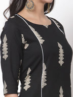 Myshka Women's Black Cotton Blend Printed 3/4 Sleeve Round Neck Casual Kurta & Palazzo Set