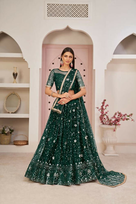 Aastha Fashion Parrot Green Butterfly Net All Over Thread Work, Zari Work And Sandwich Sequence Work Embroidery Wedding Wear Lehenga Choli