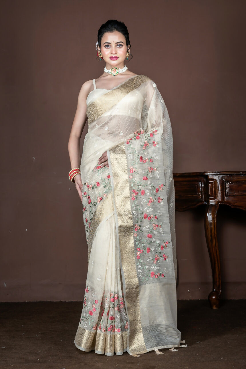 Morchari Beige Banarasi Tissue Computer Embroidery Saree Unstitched Blouse - Distacart