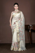 Morchari Beige Banarasi Tissue Computer Embroidery Saree Unstitched Blouse - Distacart