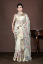 Morchari Beige Banarasi Tissue Computer Embroidery Saree Unstitched Blouse - Distacart