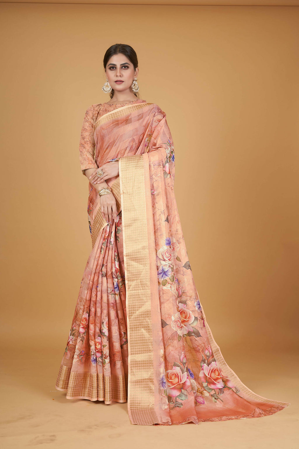 Orange Cotton Silk Digital Printed Saree With Unstitched Blouse Piece - Alisha