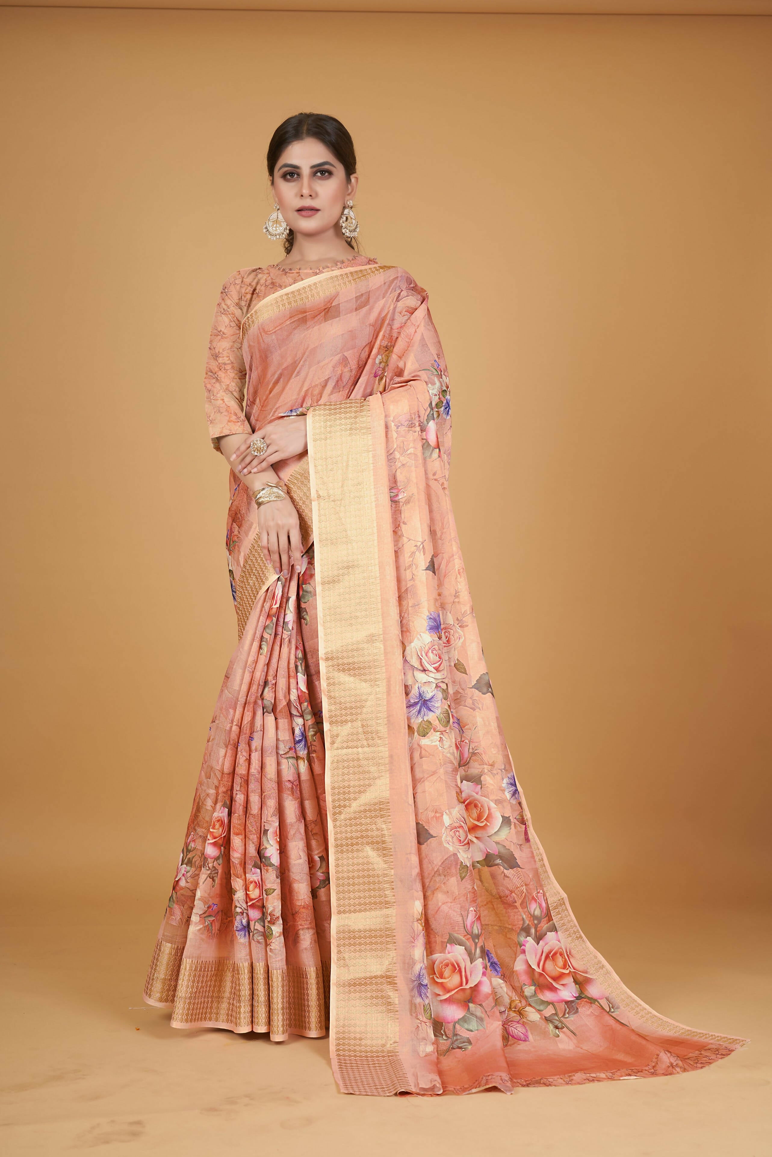 Orange Cotton Silk Digital Printed Saree With Unstitched Blouse Piece - Alisha