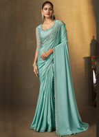 Light Blue Crepe Georgette Silk Embroidered with Swaroski Work Saree With Unstitched Blouse Piece - Norita Royal Erisha