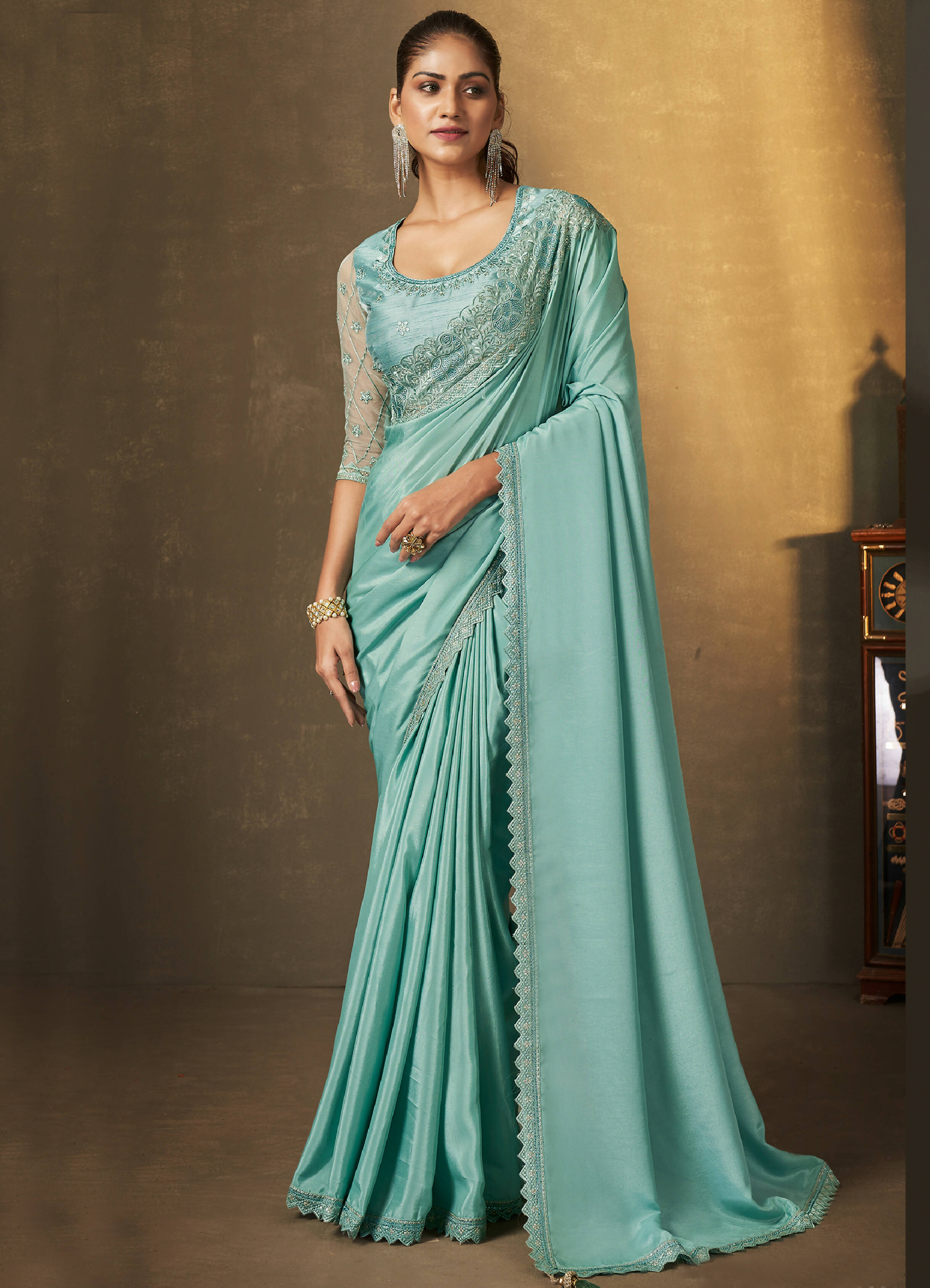 Light Blue Crepe Georgette Silk Embroidered with Swaroski Work Saree With Unstitched Blouse Piece - Norita Royal Erisha