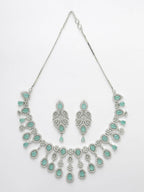 NVR Women Silver Plated & Turquoise Cz Stone Handcrafted Jewellery Set