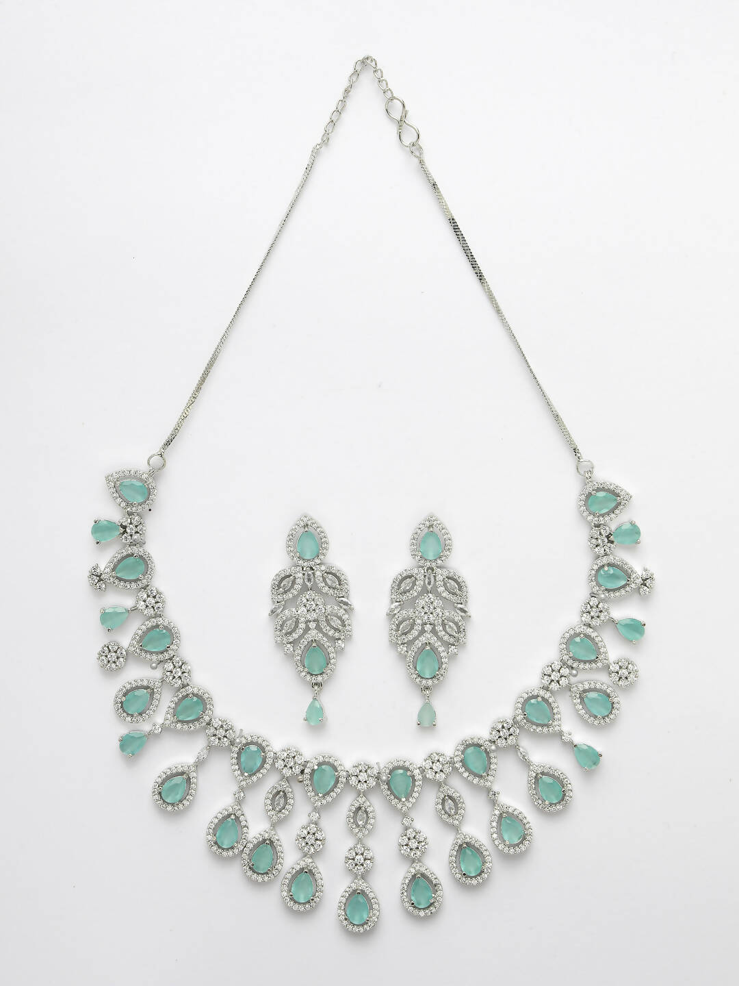NVR Women Silver Plated & Turquoise Cz Stone Handcrafted Jewellery Set