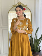 The52 Mustard Women's Gorgeous Embroidered Vichitra Silk Fabric Flared Kurta Pant with Dupatta Set - Distacart
