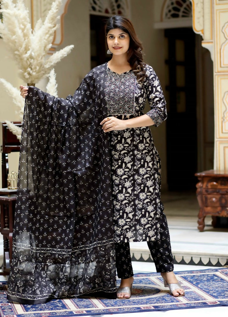 Miravan Women's Black Floral Printed Kurta Palazzo With Dupatta Set